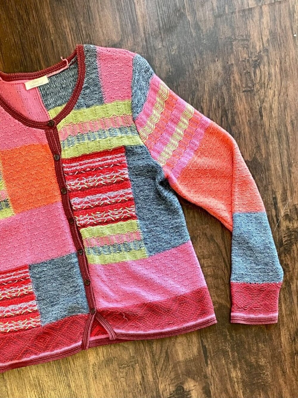 Vintage 1990s Colorful Hand Knit Patchwork Embroidered 3D Knit Cardigan Sweater - Picture 7 of 13